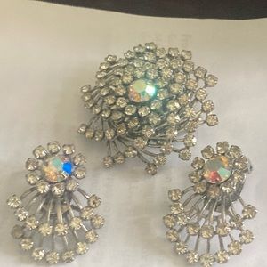 Vintage rhinestone brooch with matching earrings. Unmarked but beautiful